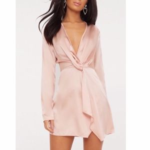 Nude Satin Long Sleeve Wrap Dress